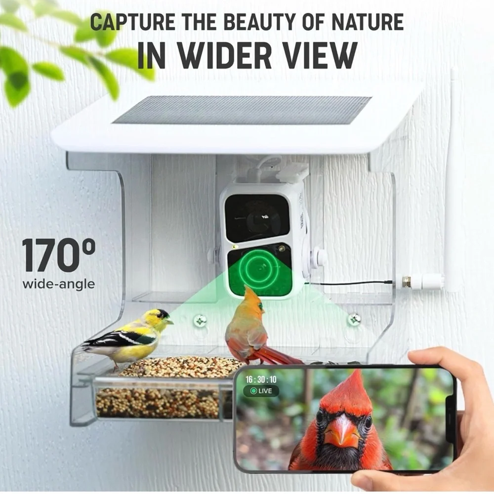 Bird Feeder Smart Camera Nest-Flix/Clear/Charging panel on top. Nature Anywhere.